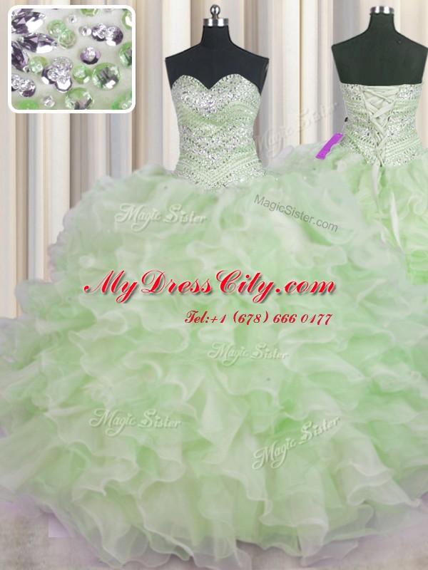 Floor Length Green Quinceanera Dress Organza Sleeveless Beading and Ruffles