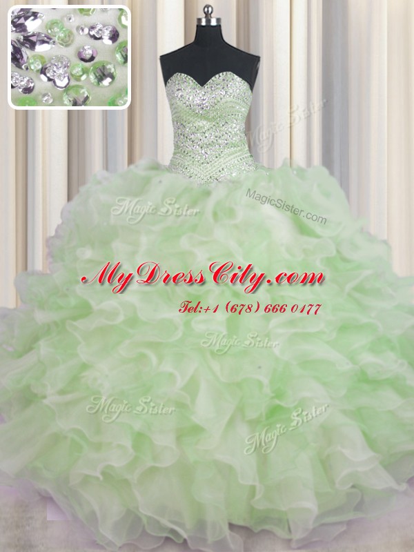 Floor Length Green Quinceanera Dress Organza Sleeveless Beading and Ruffles