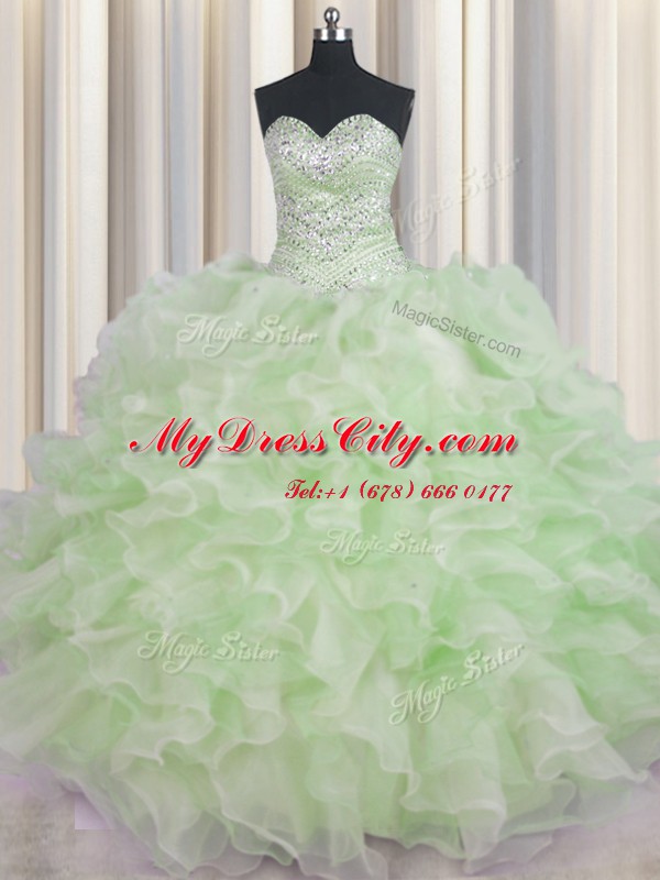 Floor Length Green Quinceanera Dress Organza Sleeveless Beading and Ruffles