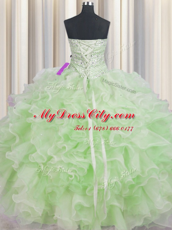 Floor Length Green Quinceanera Dress Organza Sleeveless Beading and Ruffles