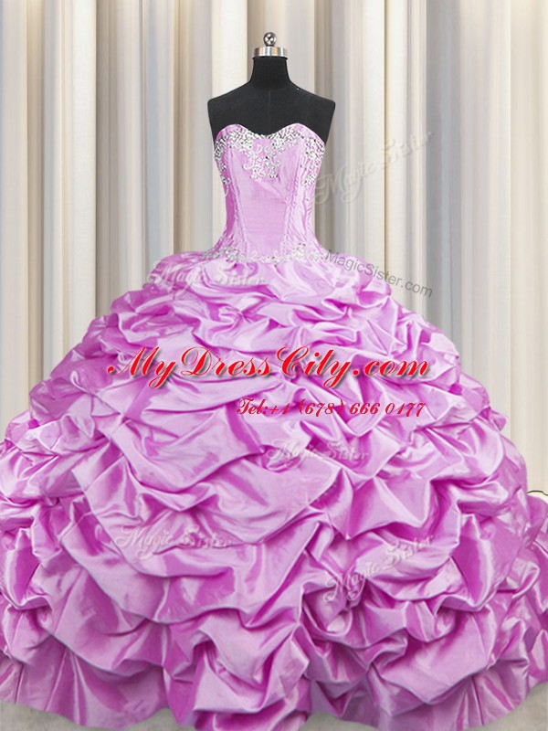 Lilac Taffeta Lace Up Ball Gown Prom Dress Sleeveless Brush Train Beading and Pick Ups