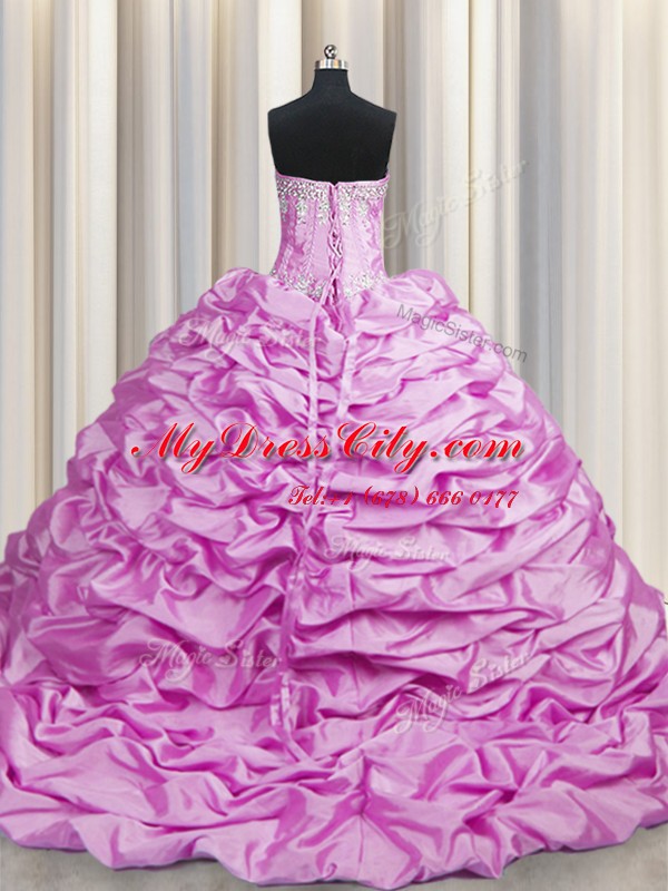 Lilac Taffeta Lace Up Ball Gown Prom Dress Sleeveless Brush Train Beading and Pick Ups