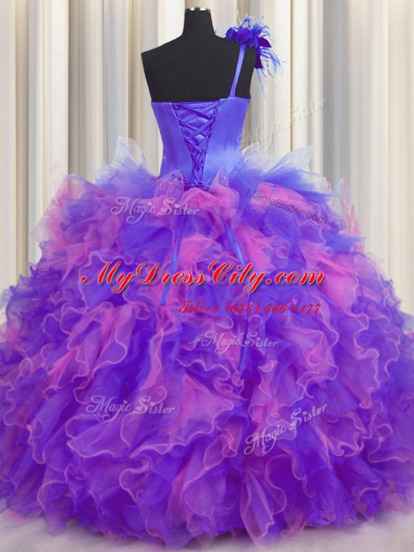 Handcrafted Flower Multi-color Tulle Lace Up One Shoulder Sleeveless Floor Length Sweet 16 Quinceanera Dress Beading and Ruffles and Hand Made Flower