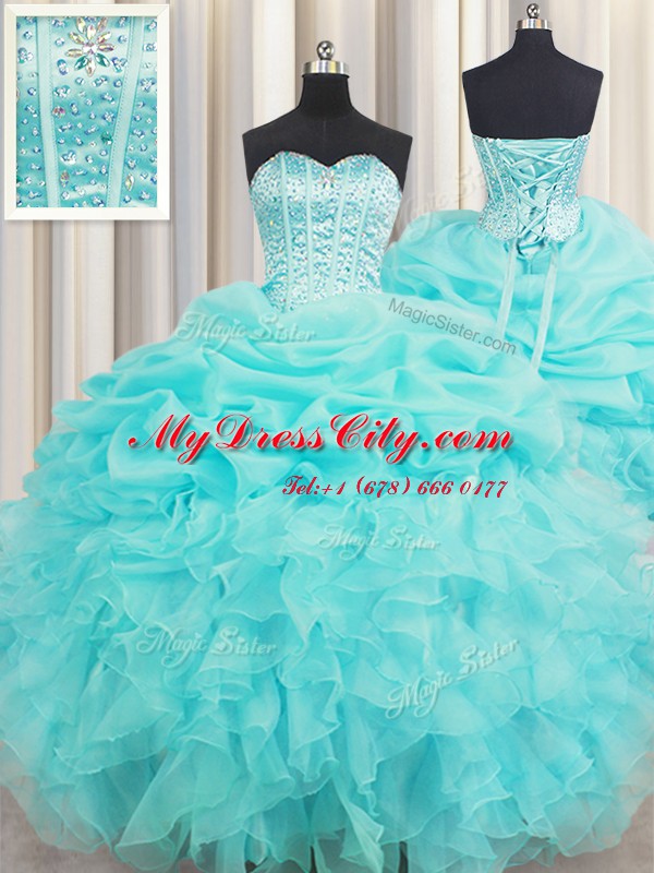 Visible Boning Baby Blue Lace Up Sweetheart Beading and Ruffles and Pick Ups Quinceanera Dress Organza Sleeveless