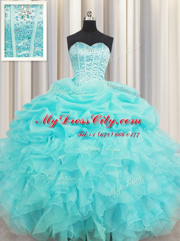 Visible Boning Baby Blue Lace Up Sweetheart Beading and Ruffles and Pick Ups Quinceanera Dress Organza Sleeveless