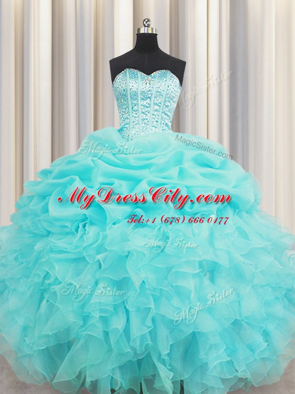 Visible Boning Baby Blue Lace Up Sweetheart Beading and Ruffles and Pick Ups Quinceanera Dress Organza Sleeveless