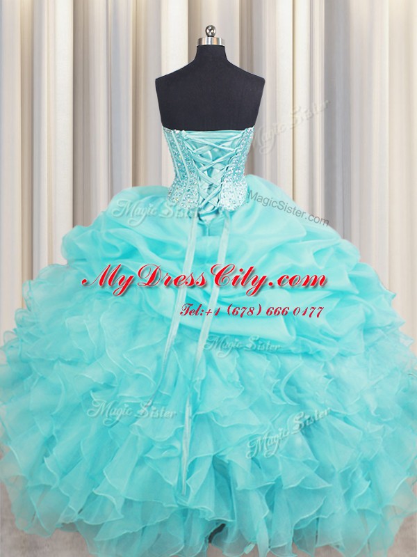 Visible Boning Baby Blue Lace Up Sweetheart Beading and Ruffles and Pick Ups Quinceanera Dress Organza Sleeveless