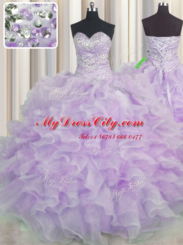 Flare Organza Sleeveless Floor Length Sweet 16 Dresses and Beading and Ruffles