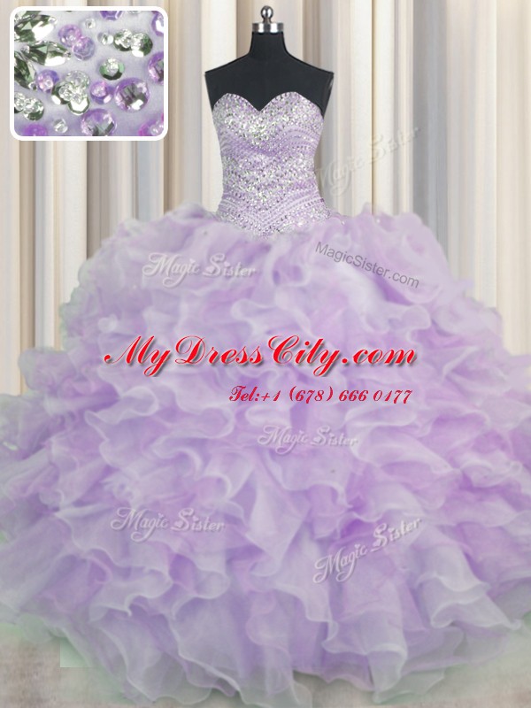 Flare Organza Sleeveless Floor Length Sweet 16 Dresses and Beading and Ruffles