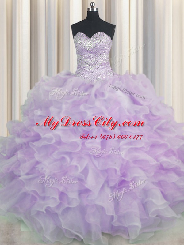 Flare Organza Sleeveless Floor Length Sweet 16 Dresses and Beading and Ruffles