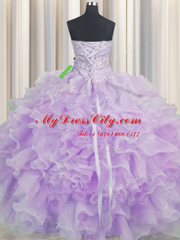 Flare Organza Sleeveless Floor Length Sweet 16 Dresses and Beading and Ruffles