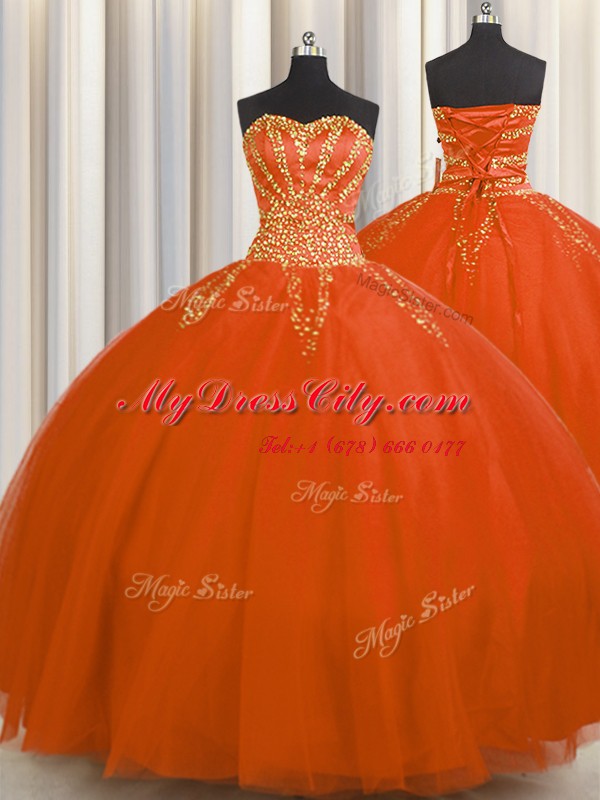 Ideal Really Puffy Red Sleeveless Tulle Lace Up Sweet 16 Quinceanera Dress for Military Ball and Sweet 16 and Quinceanera