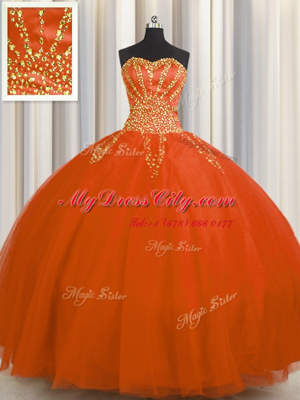 Ideal Really Puffy Red Sleeveless Tulle Lace Up Sweet 16 Quinceanera Dress for Military Ball and Sweet 16 and Quinceanera