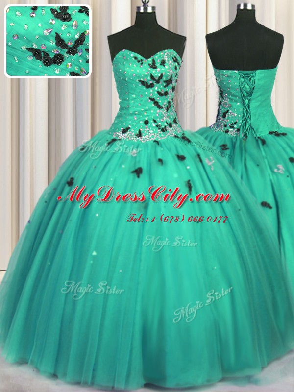 Turquoise Sleeveless Tulle Lace Up Sweet 16 Quinceanera Dress for Military Ball and Sweet 16 and Quinceanera