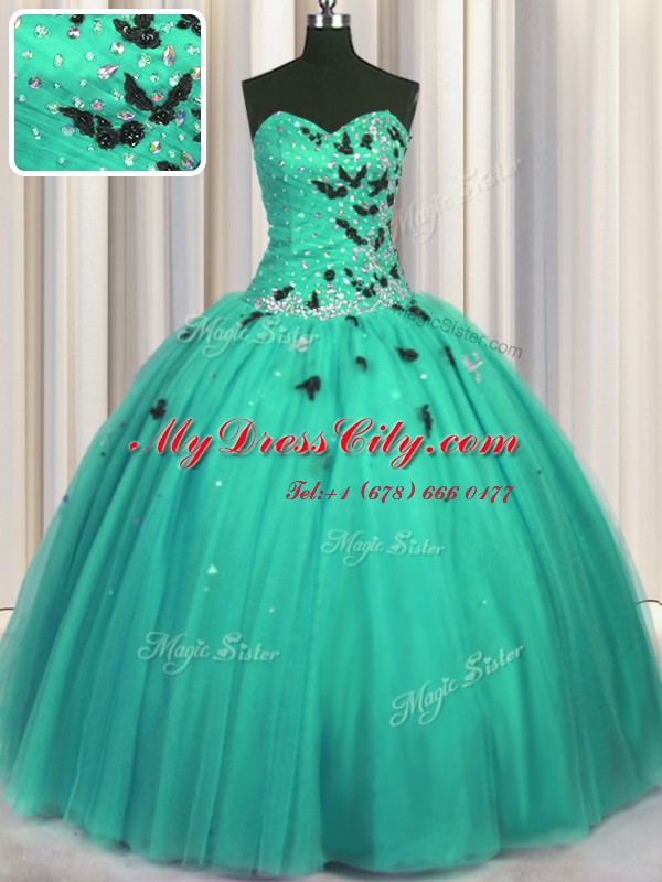 Turquoise Sleeveless Tulle Lace Up Sweet 16 Quinceanera Dress for Military Ball and Sweet 16 and Quinceanera