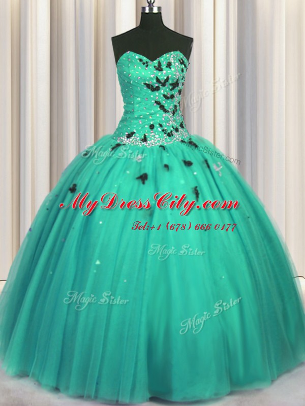 Turquoise Sleeveless Tulle Lace Up Sweet 16 Quinceanera Dress for Military Ball and Sweet 16 and Quinceanera