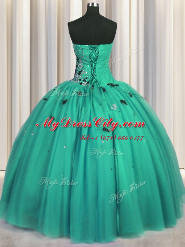 Turquoise Sleeveless Tulle Lace Up Sweet 16 Quinceanera Dress for Military Ball and Sweet 16 and Quinceanera