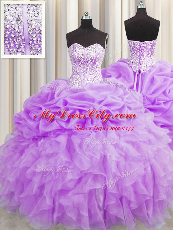 Perfect Visible Boning Sweetheart Sleeveless 15th Birthday Dress Floor Length Beading and Ruffles and Pick Ups Purple Organza