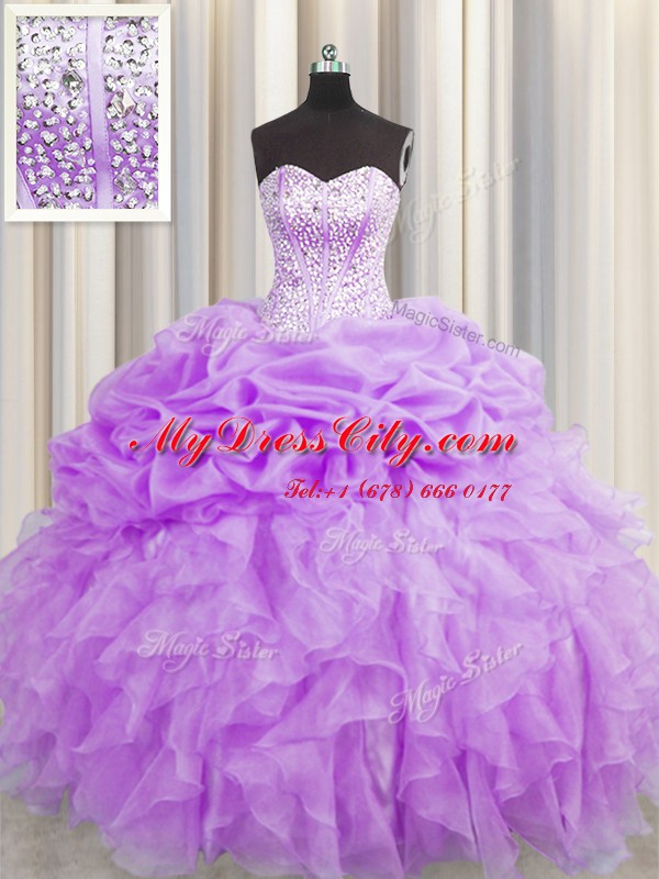 Perfect Visible Boning Sweetheart Sleeveless 15th Birthday Dress Floor Length Beading and Ruffles and Pick Ups Purple Organza