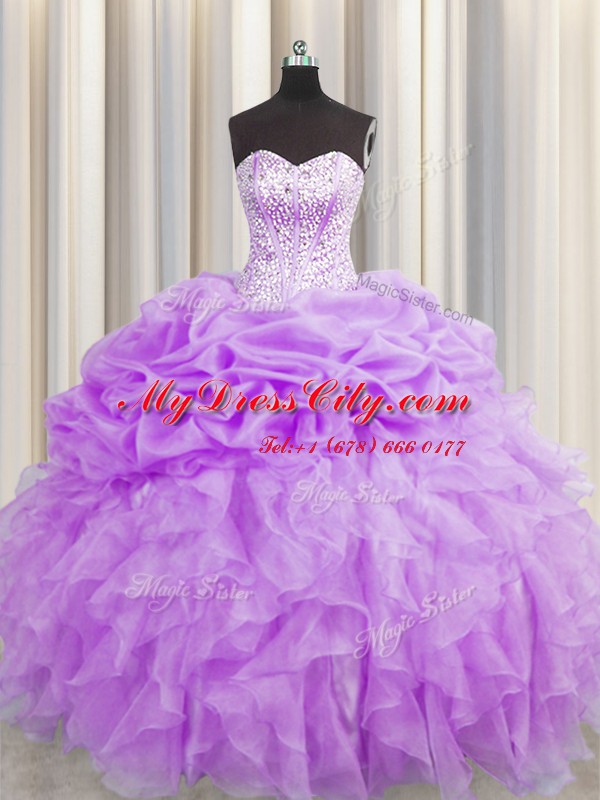 Perfect Visible Boning Sweetheart Sleeveless 15th Birthday Dress Floor Length Beading and Ruffles and Pick Ups Purple Organza