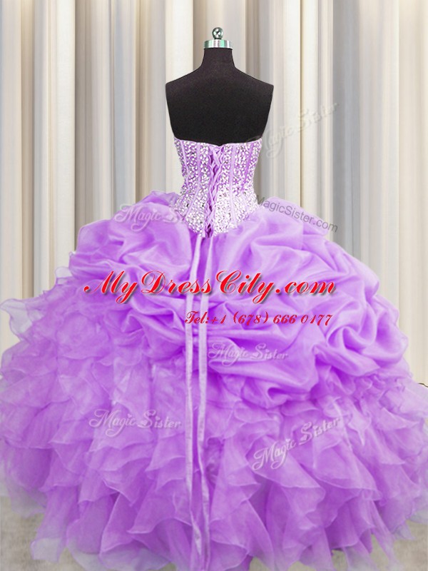 Perfect Visible Boning Sweetheart Sleeveless 15th Birthday Dress Floor Length Beading and Ruffles and Pick Ups Purple Organza