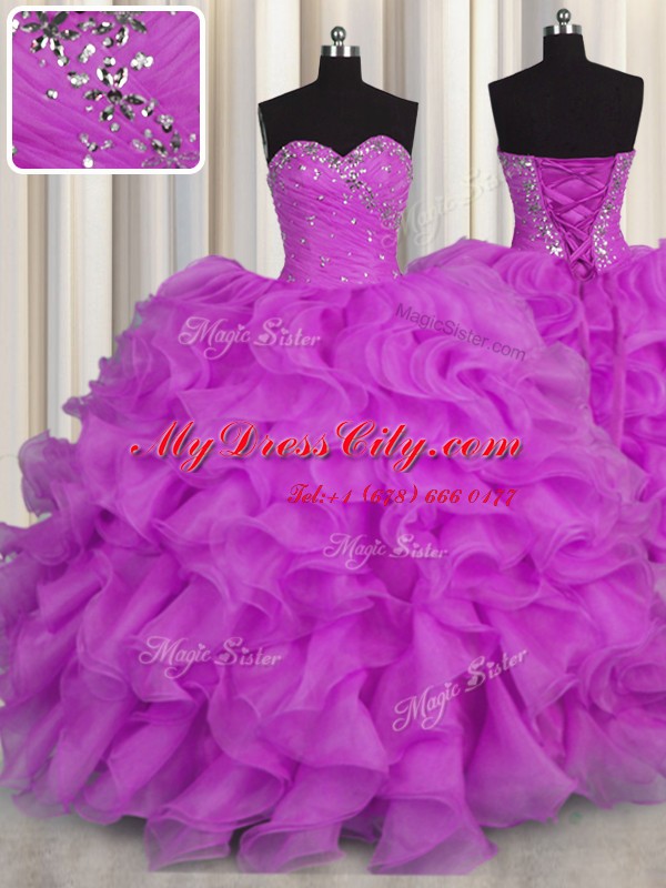 Floor Length Purple Quinceanera Gowns Organza Sleeveless Beading and Ruffles