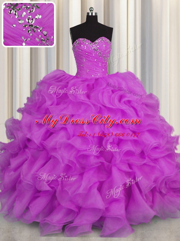 Floor Length Purple Quinceanera Gowns Organza Sleeveless Beading and Ruffles