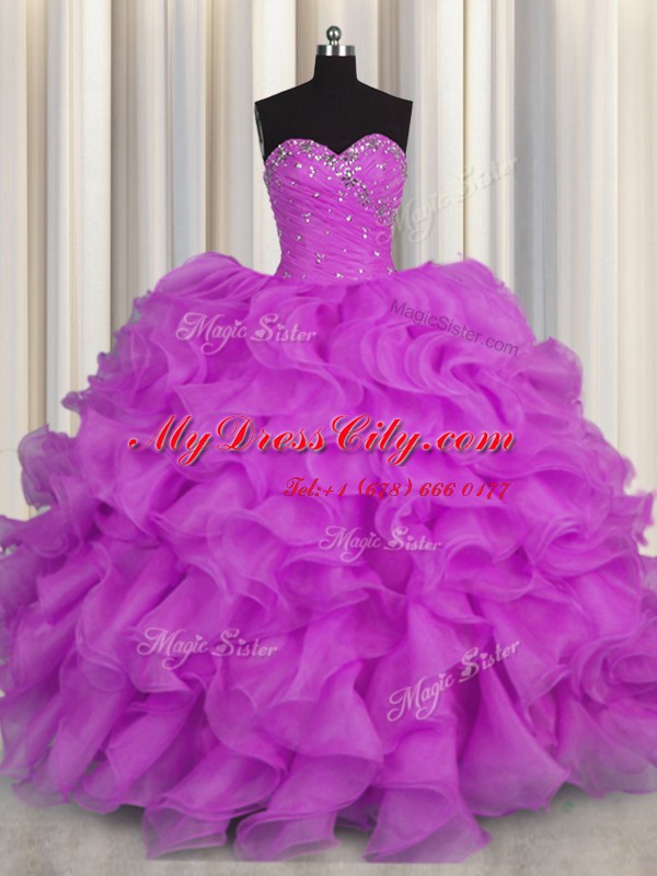 Floor Length Purple Quinceanera Gowns Organza Sleeveless Beading and Ruffles