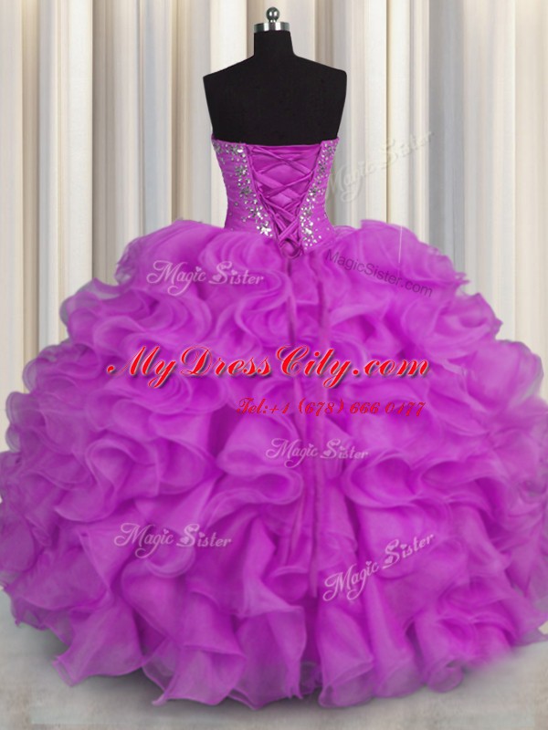 Floor Length Purple Quinceanera Gowns Organza Sleeveless Beading and Ruffles