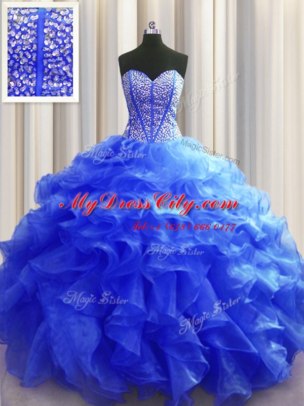 Excellent Visible Boning Royal Blue Ball Gowns Organza Sweetheart Sleeveless Beading and Ruffles Floor Length Lace Up Ball Gown Prom Dress