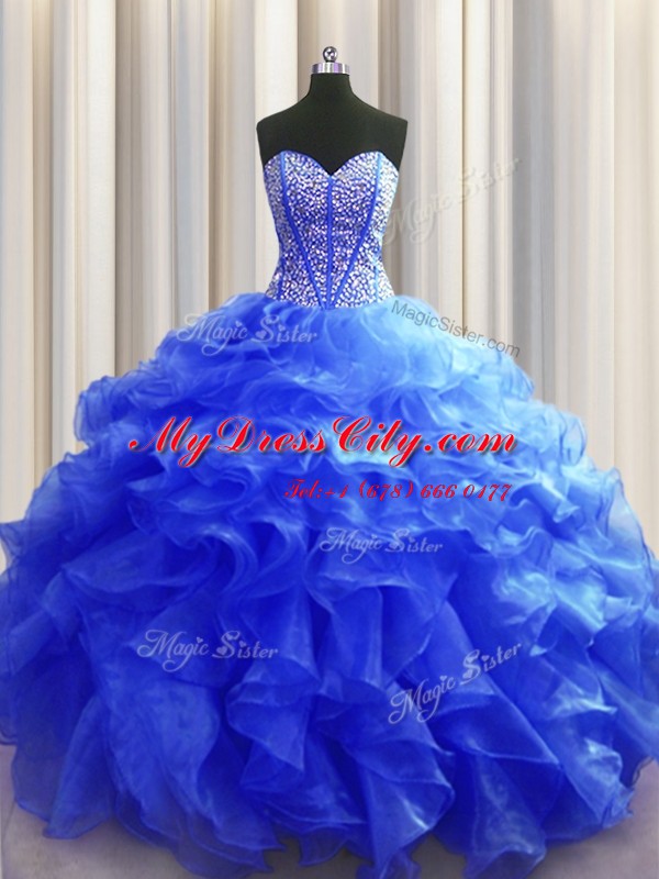 Excellent Visible Boning Royal Blue Ball Gowns Organza Sweetheart Sleeveless Beading and Ruffles Floor Length Lace Up Ball Gown Prom Dress