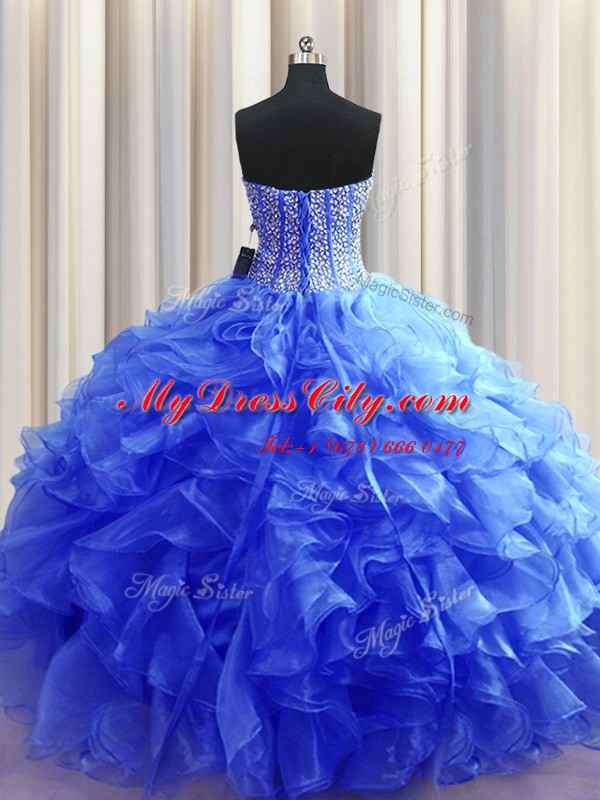 Excellent Visible Boning Royal Blue Ball Gowns Organza Sweetheart Sleeveless Beading and Ruffles Floor Length Lace Up Ball Gown Prom Dress