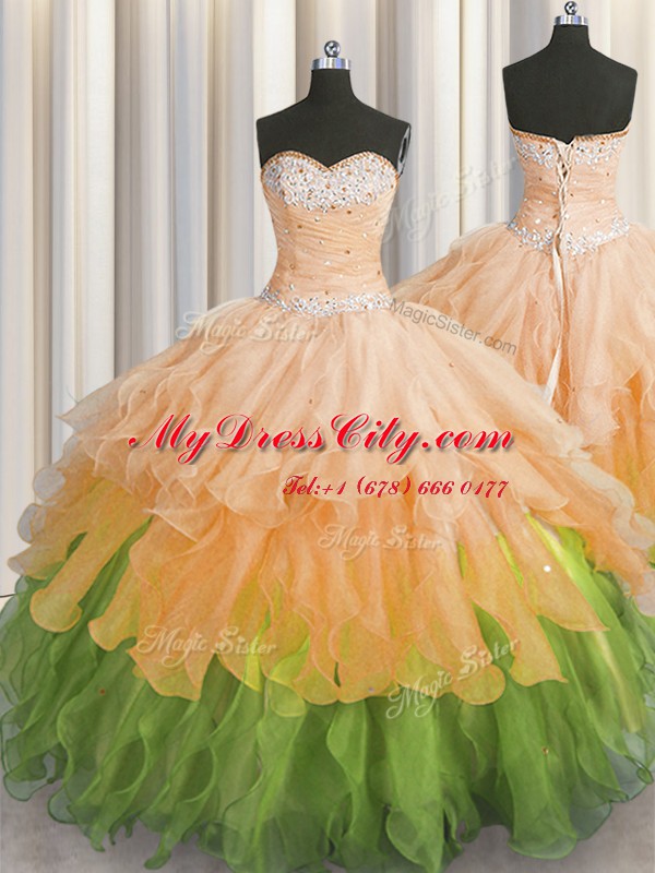 Custom Made Multi-color Organza Lace Up Ball Gown Prom Dress Sleeveless Floor Length Beading and Ruffles and Ruffled Layers and Sequins