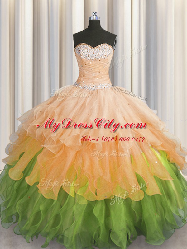 Custom Made Multi-color Organza Lace Up Ball Gown Prom Dress Sleeveless Floor Length Beading and Ruffles and Ruffled Layers and Sequins