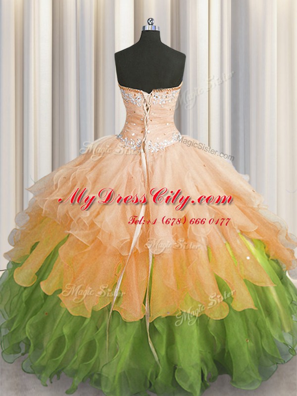 Custom Made Multi-color Organza Lace Up Ball Gown Prom Dress Sleeveless Floor Length Beading and Ruffles and Ruffled Layers and Sequins