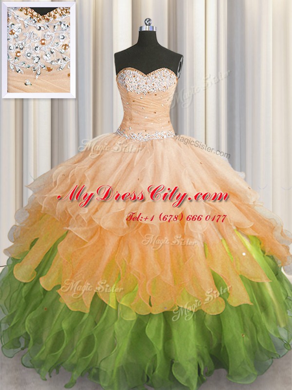 Custom Made Multi-color Organza Lace Up Ball Gown Prom Dress Sleeveless Floor Length Beading and Ruffles and Ruffled Layers and Sequins