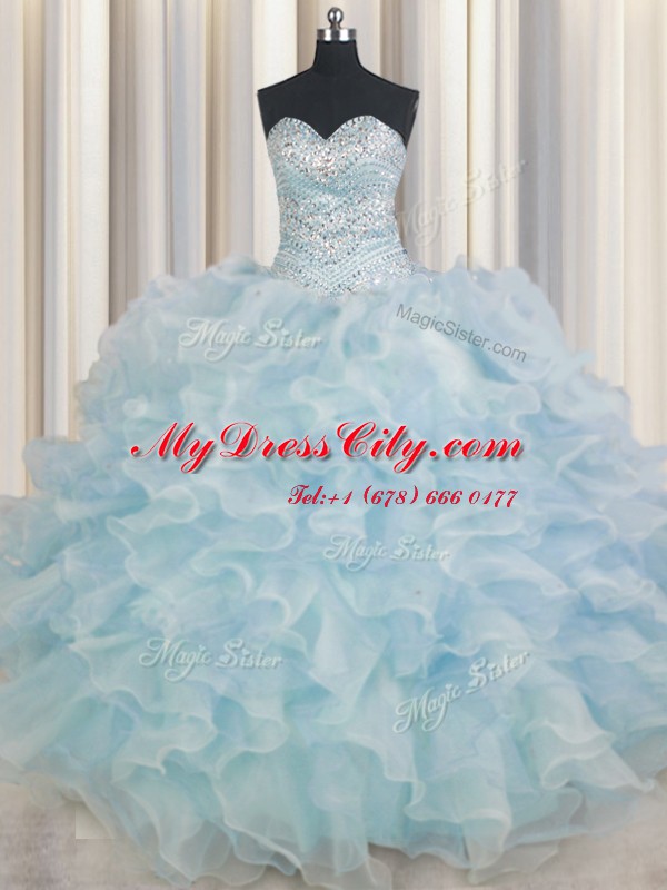 Hot Sale Sleeveless Lace Up Floor Length Beading and Ruffles Sweet 16 Quinceanera Dress