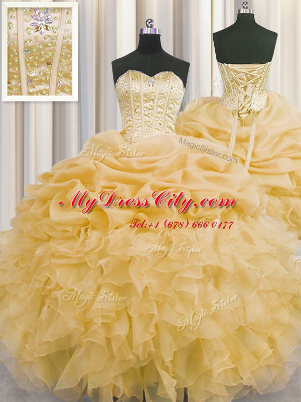 Decent Pick Ups Visible Boning Sweetheart Sleeveless Lace Up Quinceanera Dress Gold Organza