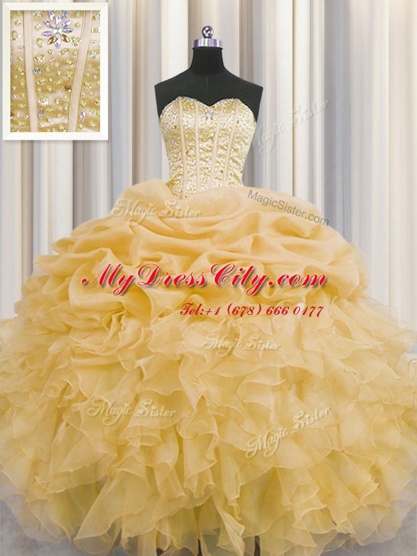 Decent Pick Ups Visible Boning Sweetheart Sleeveless Lace Up Quinceanera Dress Gold Organza