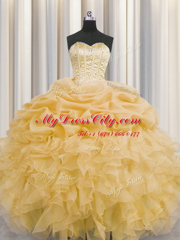 Decent Pick Ups Visible Boning Sweetheart Sleeveless Lace Up Quinceanera Dress Gold Organza