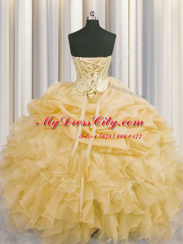 Decent Pick Ups Visible Boning Sweetheart Sleeveless Lace Up Quinceanera Dress Gold Organza