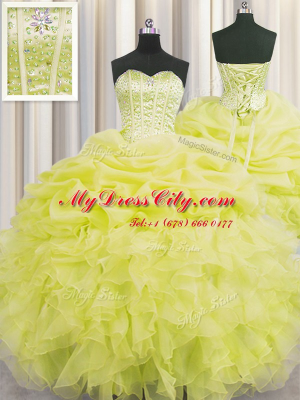 Visible Boning Floor Length Lace Up 15th Birthday Dress Yellow for Military Ball and Sweet 16 and Quinceanera with Beading and Ruffles and Pick Ups