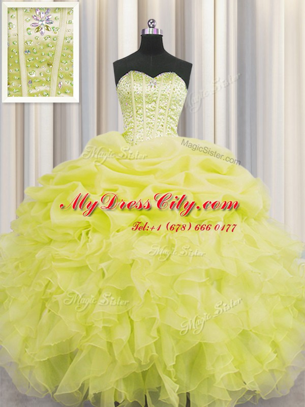 Visible Boning Floor Length Lace Up 15th Birthday Dress Yellow for Military Ball and Sweet 16 and Quinceanera with Beading and Ruffles and Pick Ups