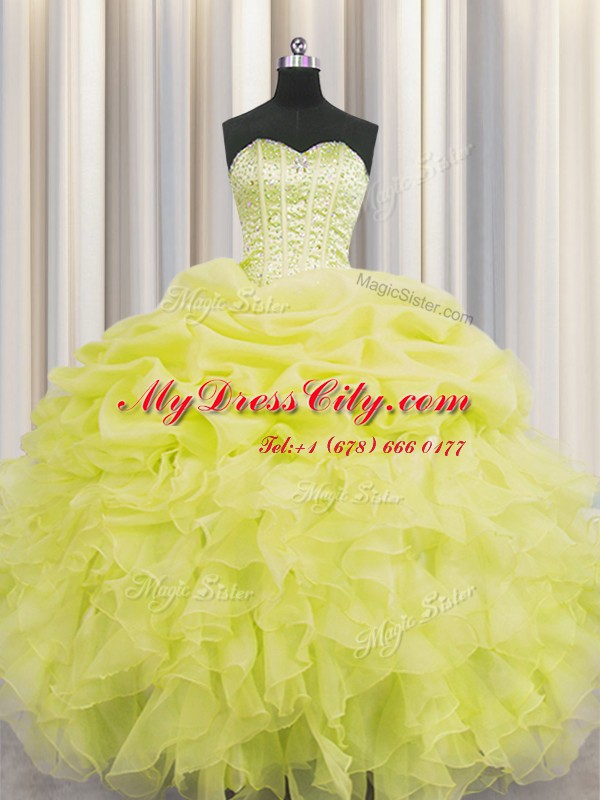 Visible Boning Floor Length Lace Up 15th Birthday Dress Yellow for Military Ball and Sweet 16 and Quinceanera with Beading and Ruffles and Pick Ups