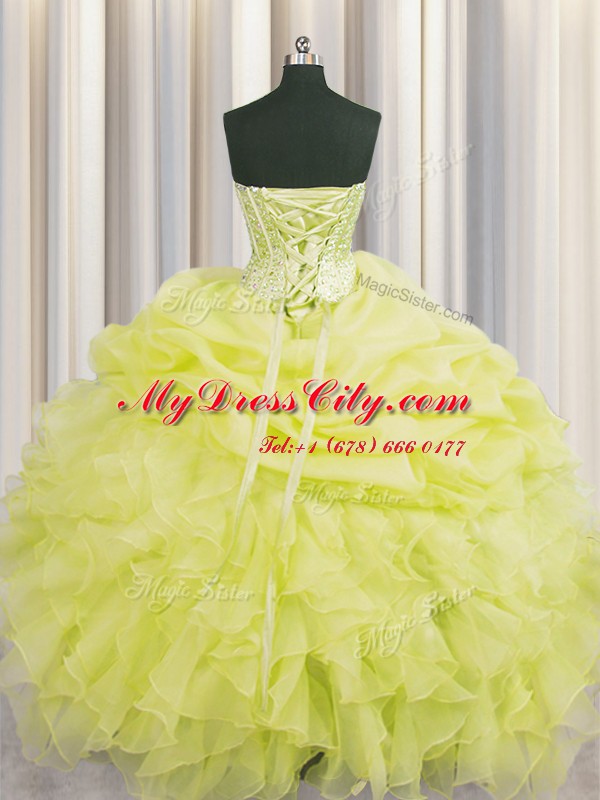 Visible Boning Floor Length Lace Up 15th Birthday Dress Yellow for Military Ball and Sweet 16 and Quinceanera with Beading and Ruffles and Pick Ups