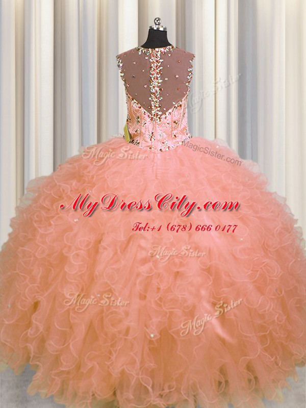 Fine See Through Zipper Up Watermelon Red Ball Gowns Beading and Ruffles Sweet 16 Quinceanera Dress Zipper Tulle Sleeveless Floor Length