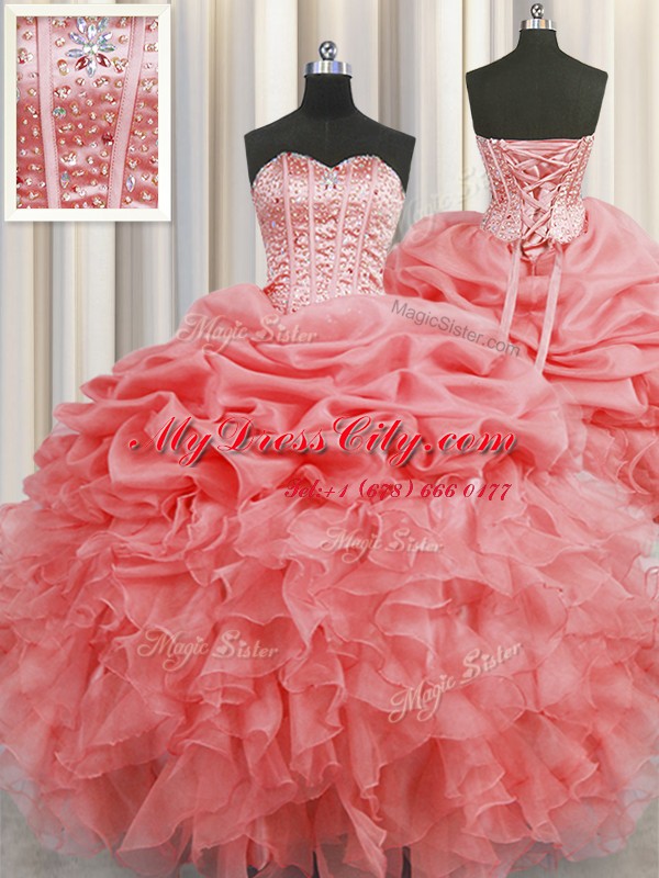 Visible Boning Watermelon Red Organza Lace Up Vestidos de Quinceanera Sleeveless Floor Length Beading and Ruffles and Pick Ups