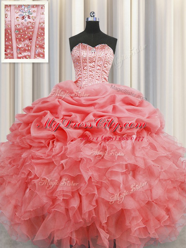 Visible Boning Watermelon Red Organza Lace Up Vestidos de Quinceanera Sleeveless Floor Length Beading and Ruffles and Pick Ups