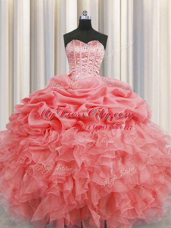 Visible Boning Watermelon Red Organza Lace Up Vestidos de Quinceanera Sleeveless Floor Length Beading and Ruffles and Pick Ups