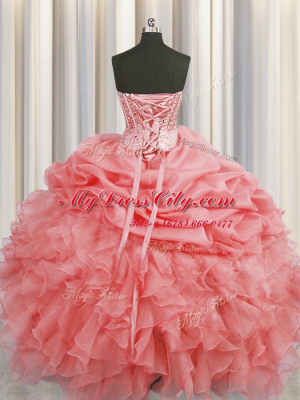 Visible Boning Watermelon Red Organza Lace Up Vestidos de Quinceanera Sleeveless Floor Length Beading and Ruffles and Pick Ups